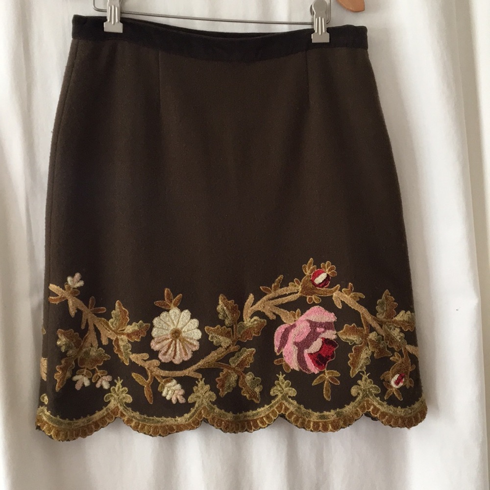 Brown Wool Felt Embroidered Skirt by Pleny